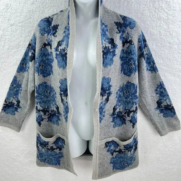 J Jill Vintage 1XL Wool Blend Gray Blue Floral Cardigan Pockets Grandmacore - Picture 4 of 12